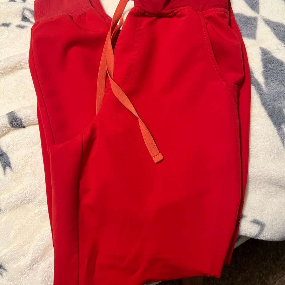 Figs Red Track Pants with Orange Drawstring